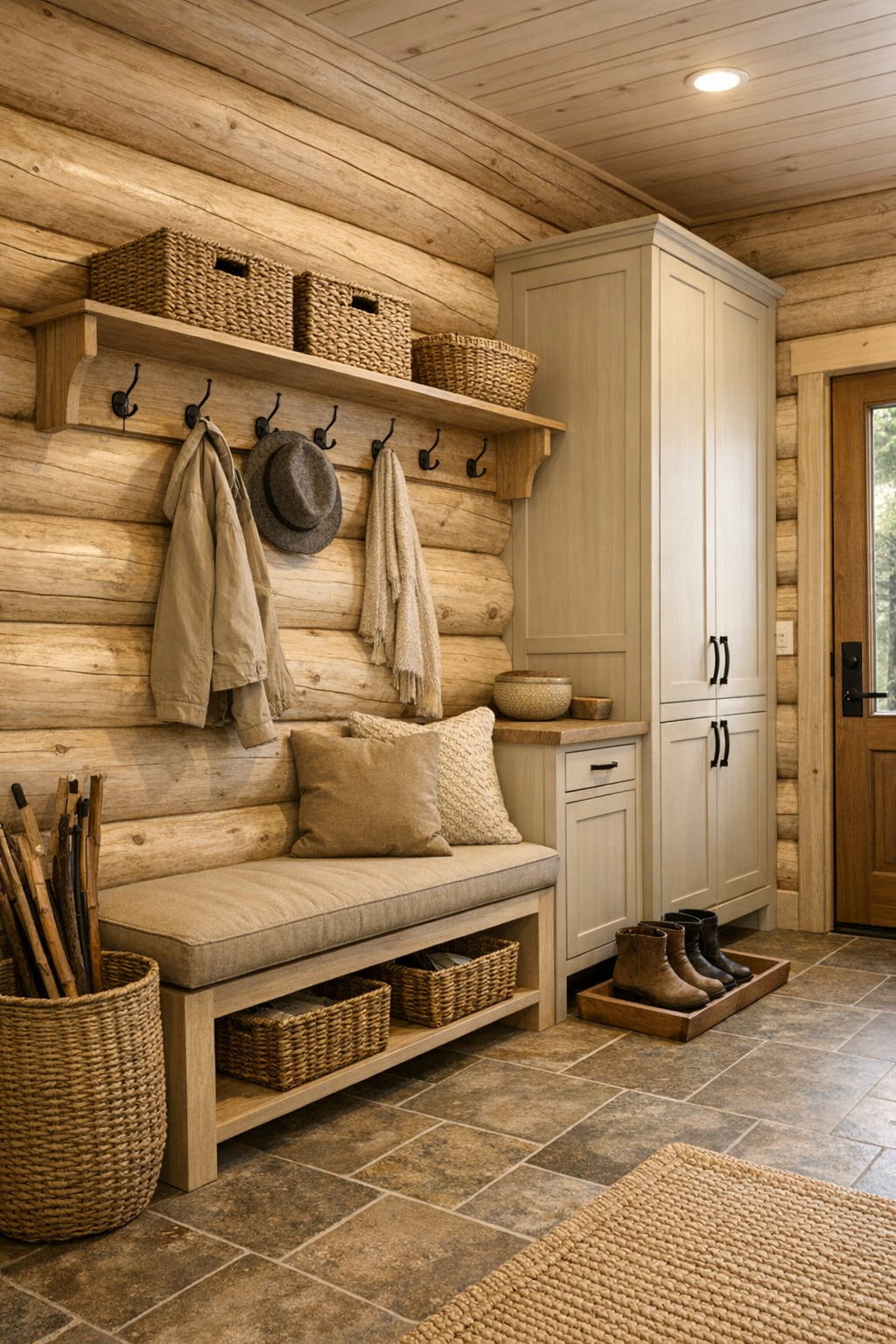 Functional secondary space with pale log walls, built-in bench, storage, and warm simple finishes