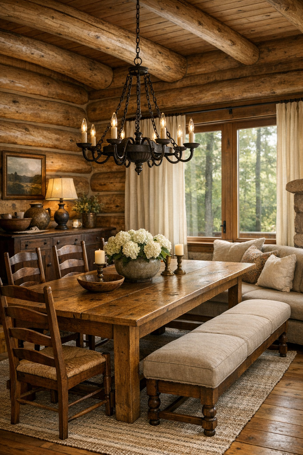 Warm rustic dining room with a farmhouse table, oak chairs, and iron chandelier