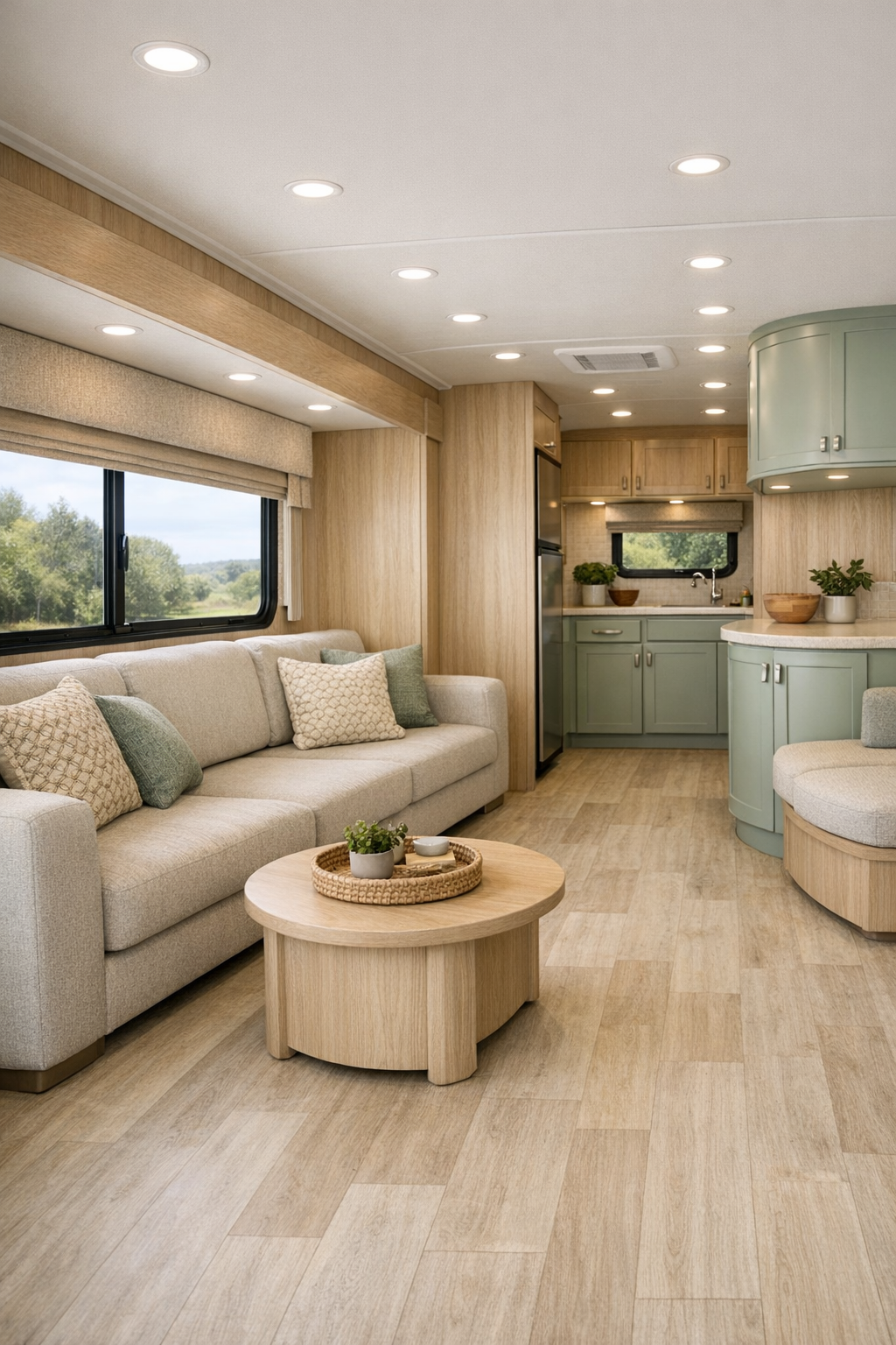 Bright accessible RV living room with oatmeal sofa and mint cabinetry