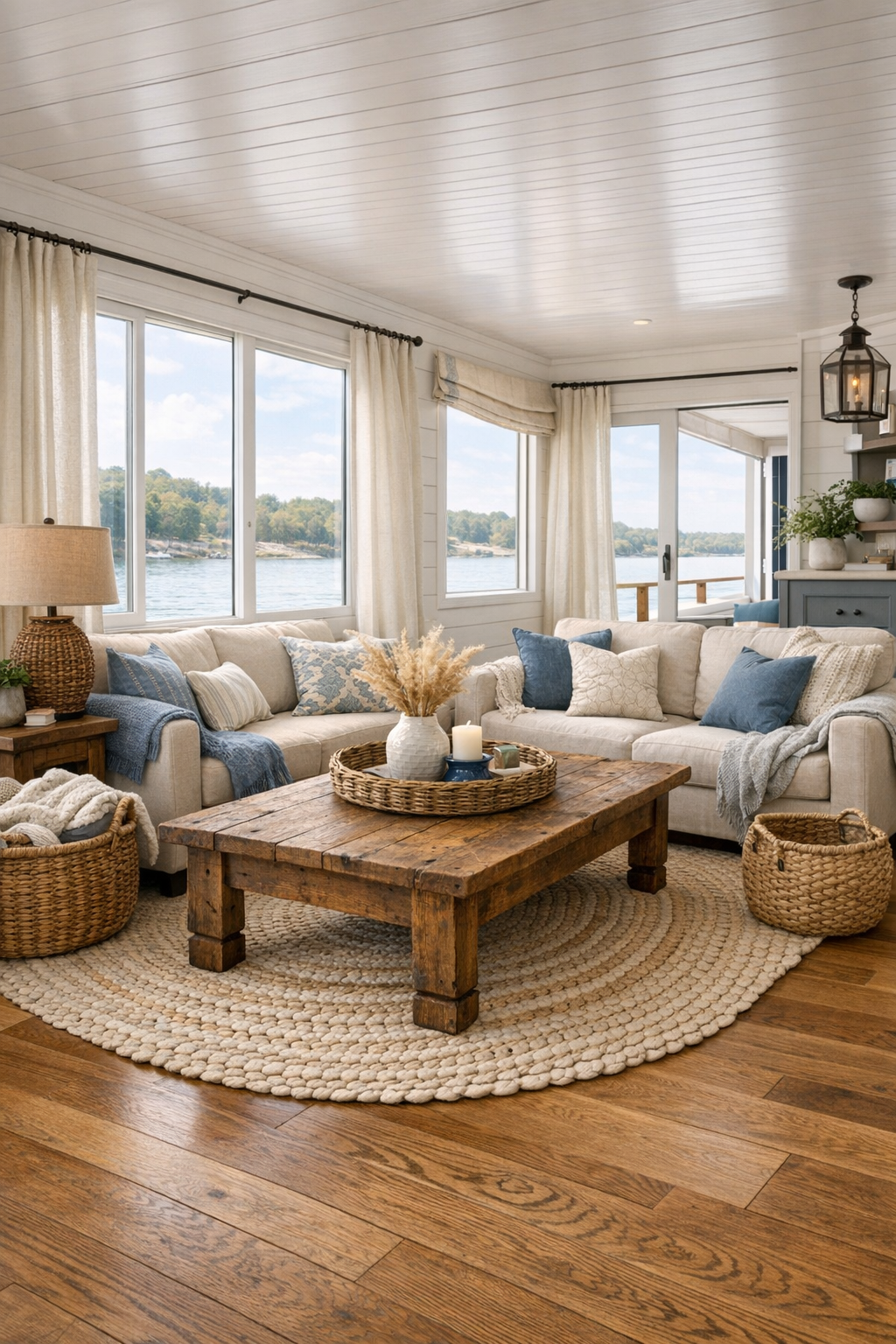 Bright farmhouse-style living room with shiplap walls and linen seating