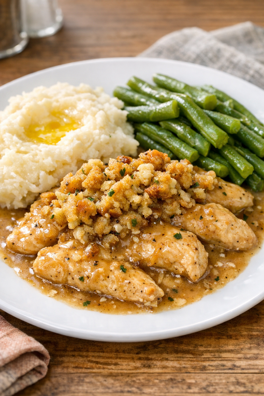Finished slow cooker chicken supper plated with sauce