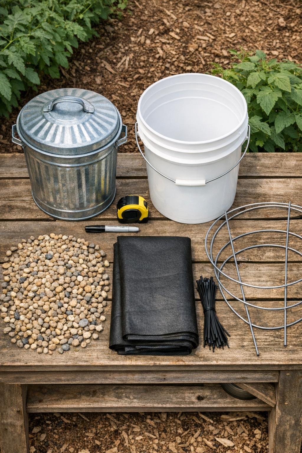 Materials for a galvanized trash can tomato bed watering reservoir