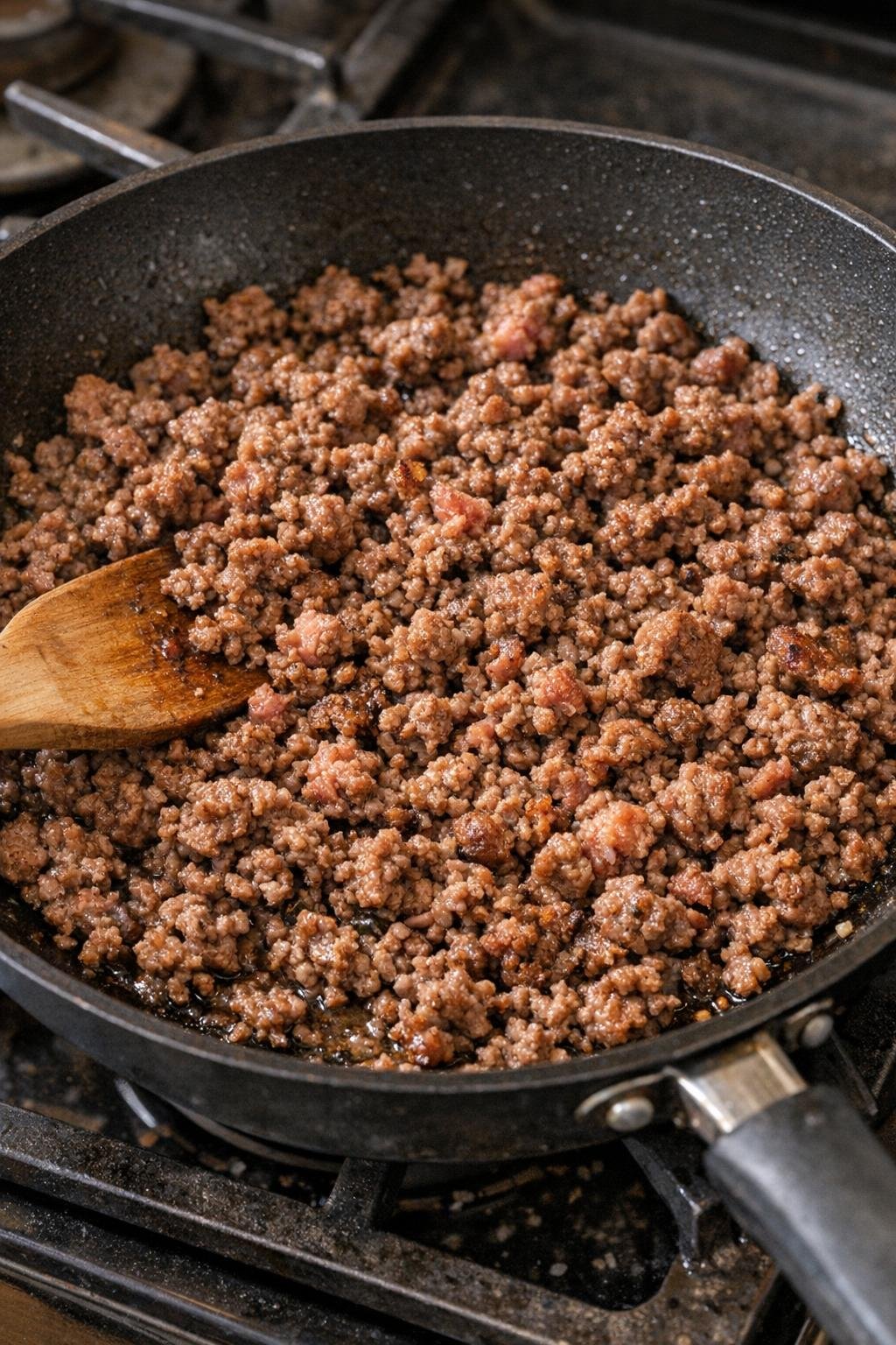 Ground beef browning in a skillet