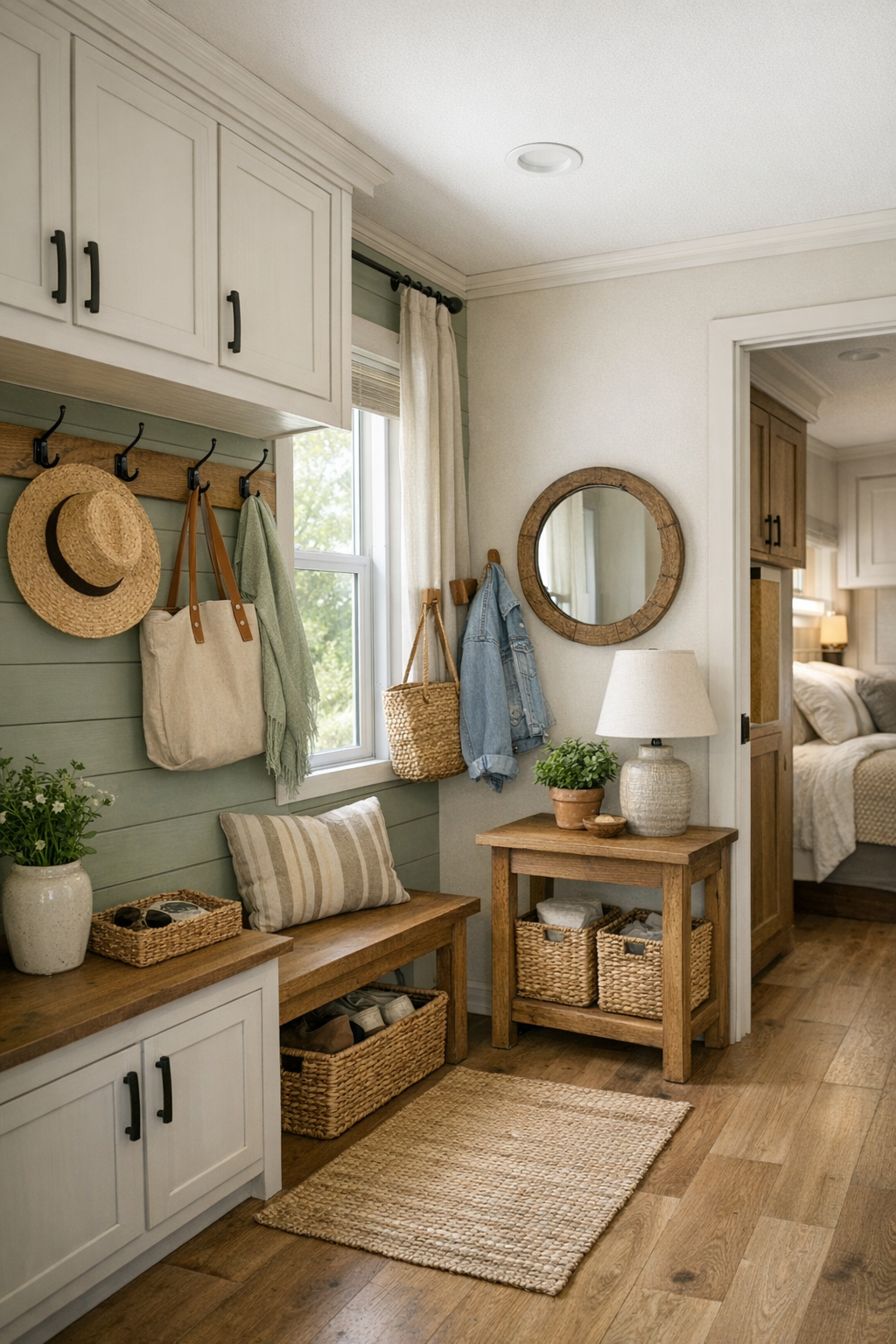 Built-in nook and transition space with farmhouse storage details in a compact RV interior