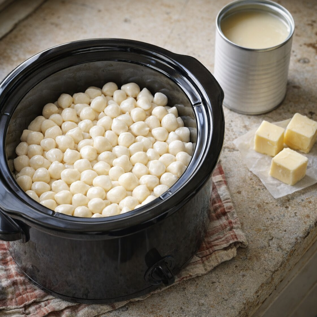 White morsels in a slow cooker on a country kitchen counter