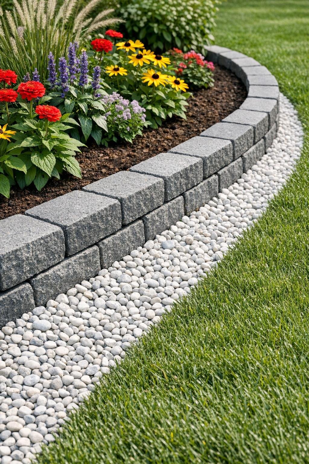 Finished gray retaining-wall block garden border set in white pea gravel