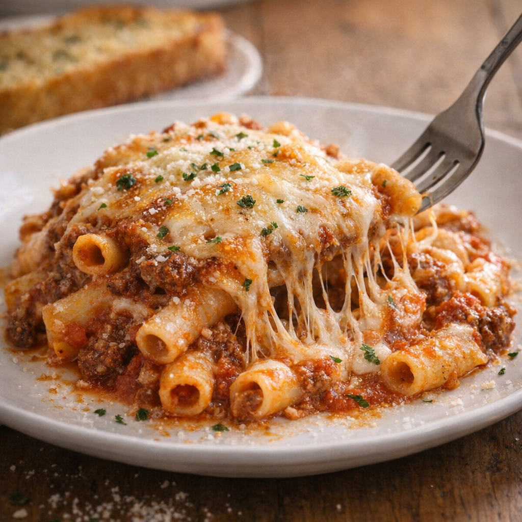 Individuell portion ostliknande bakad mostaccioli