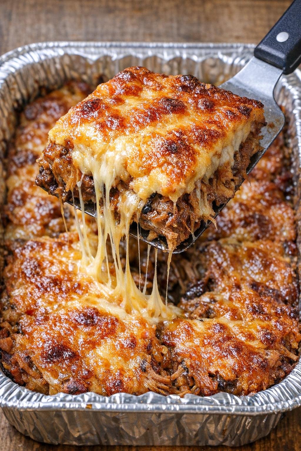 Cheesy pulled pork bake being lifted from foil tray