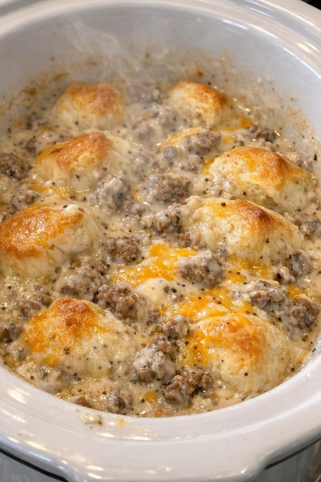 Finished biscuits and gravy casserole in a slow cooker