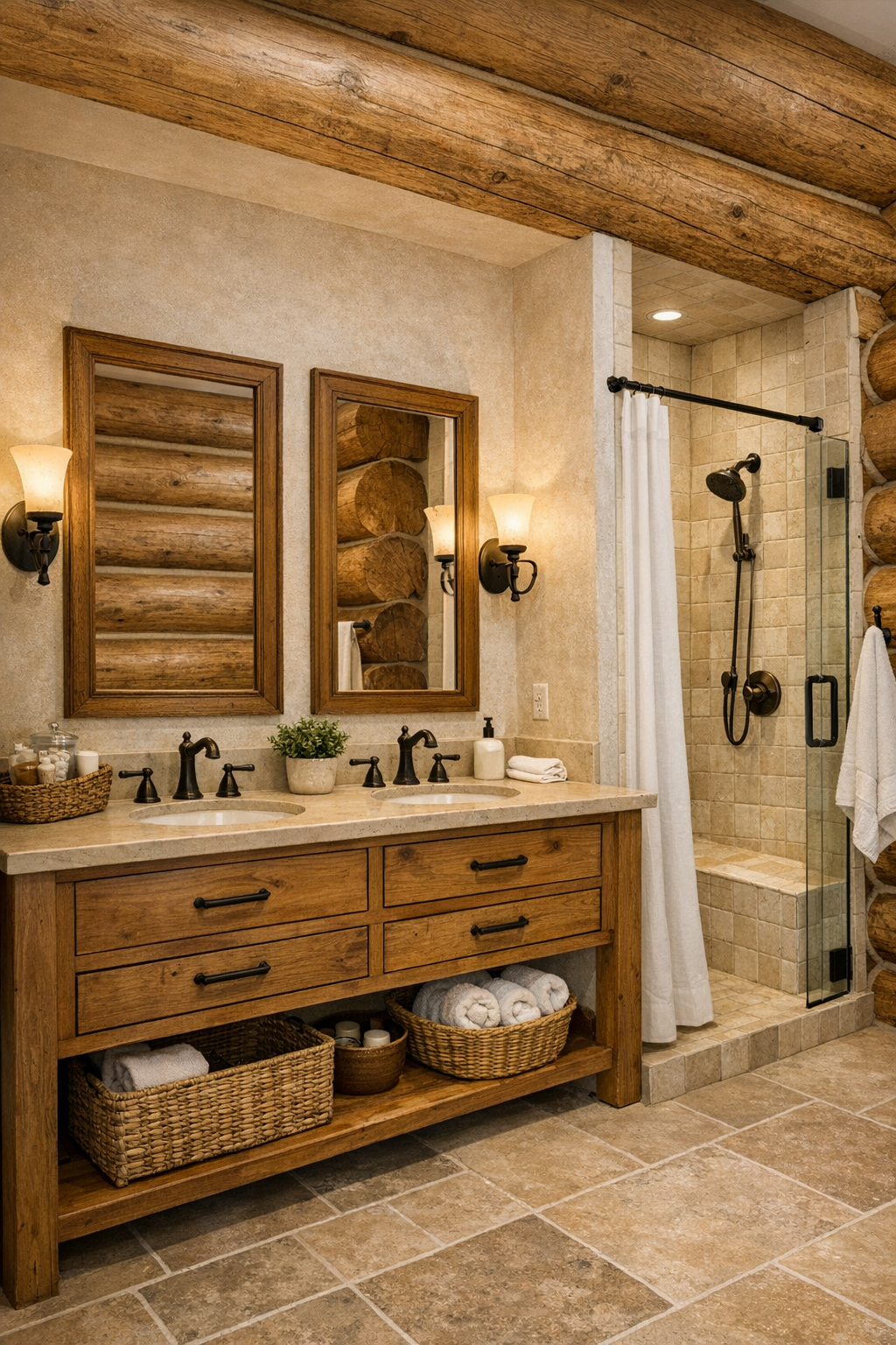 Rustic bathroom with wood vanity, pale stone surfaces, and warm lighting