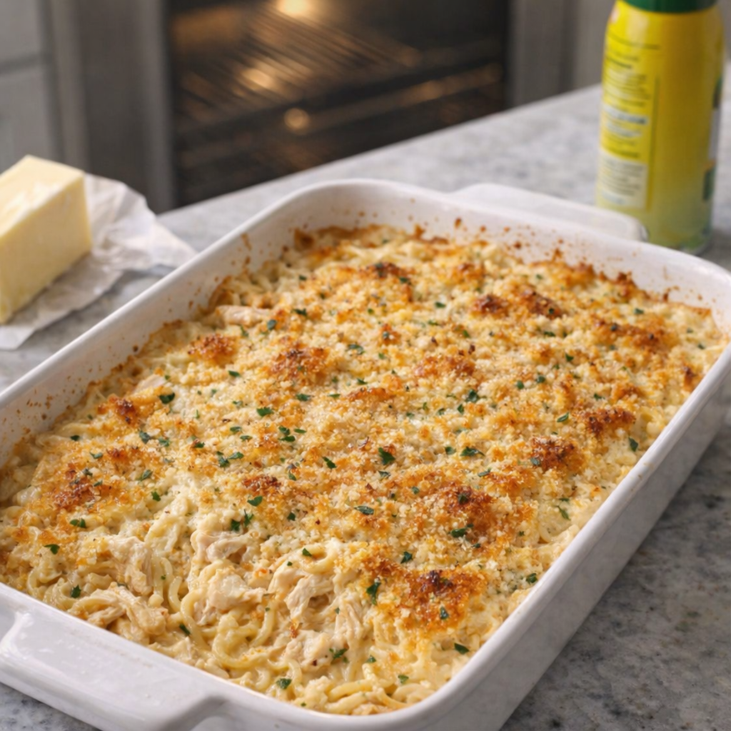 Greased casserole dish on a kitchen counter
