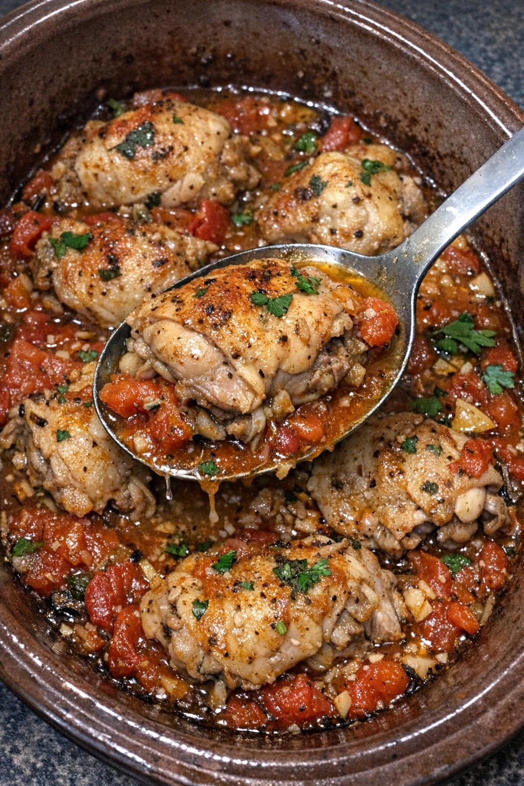 Rustic braised chicken with tomatoes and herbs in a brown casserole dish
