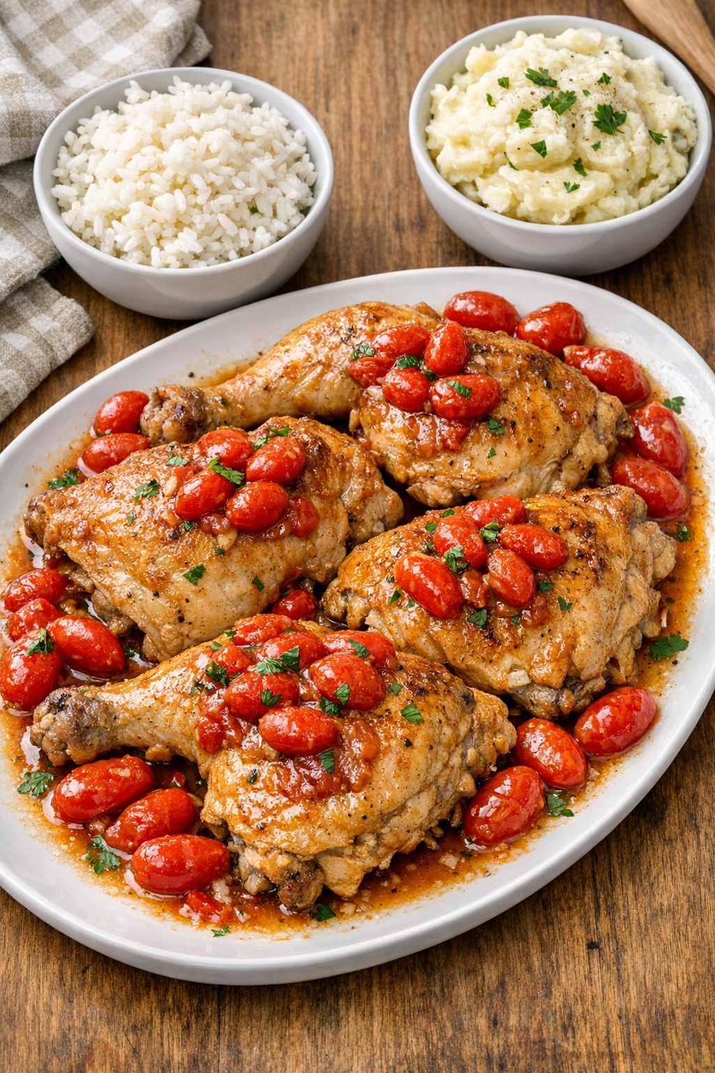 Finished slow cooker chicken plated with tomato sauce