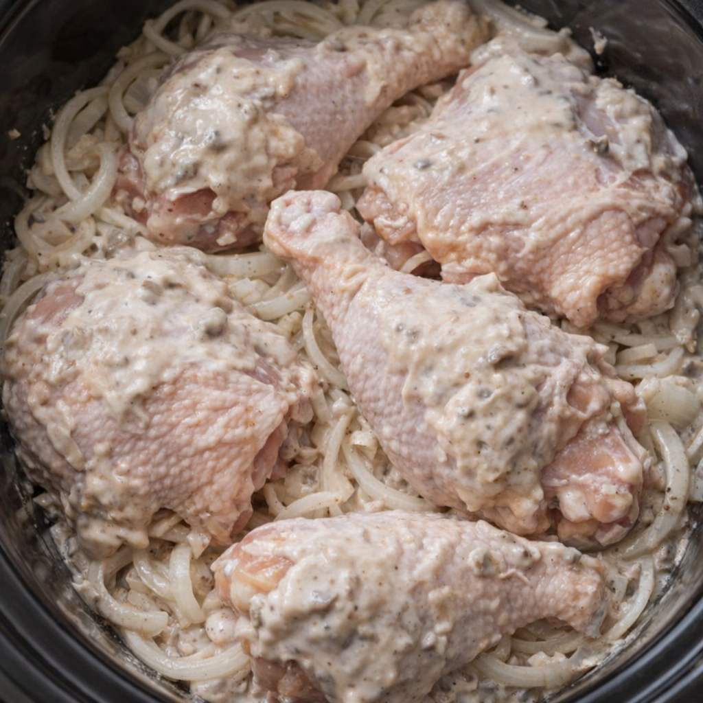 Chicken pieces arranged in a slow cooker over onions and soup