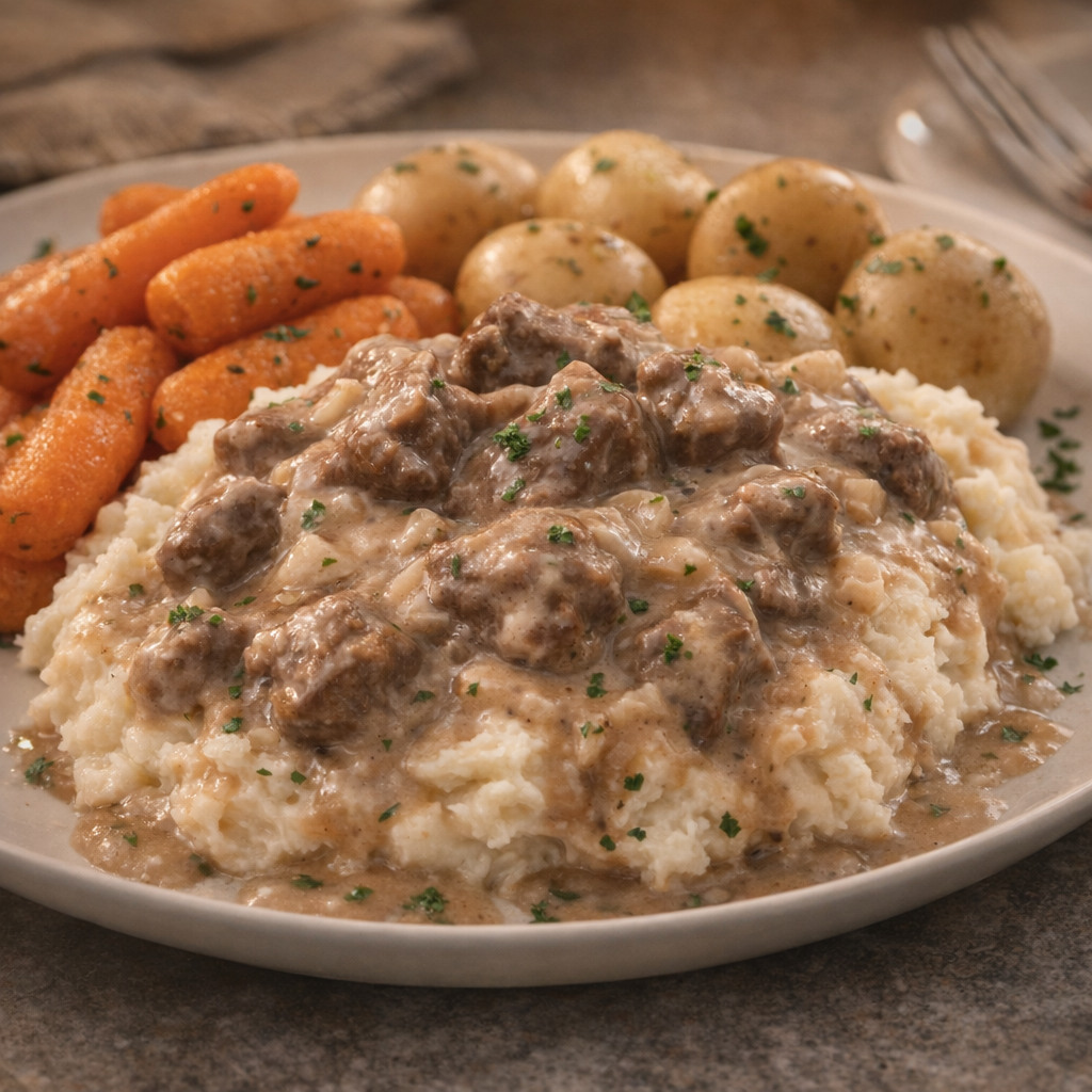 Creamy mushroom beef served over mashed potatoes with vegetables