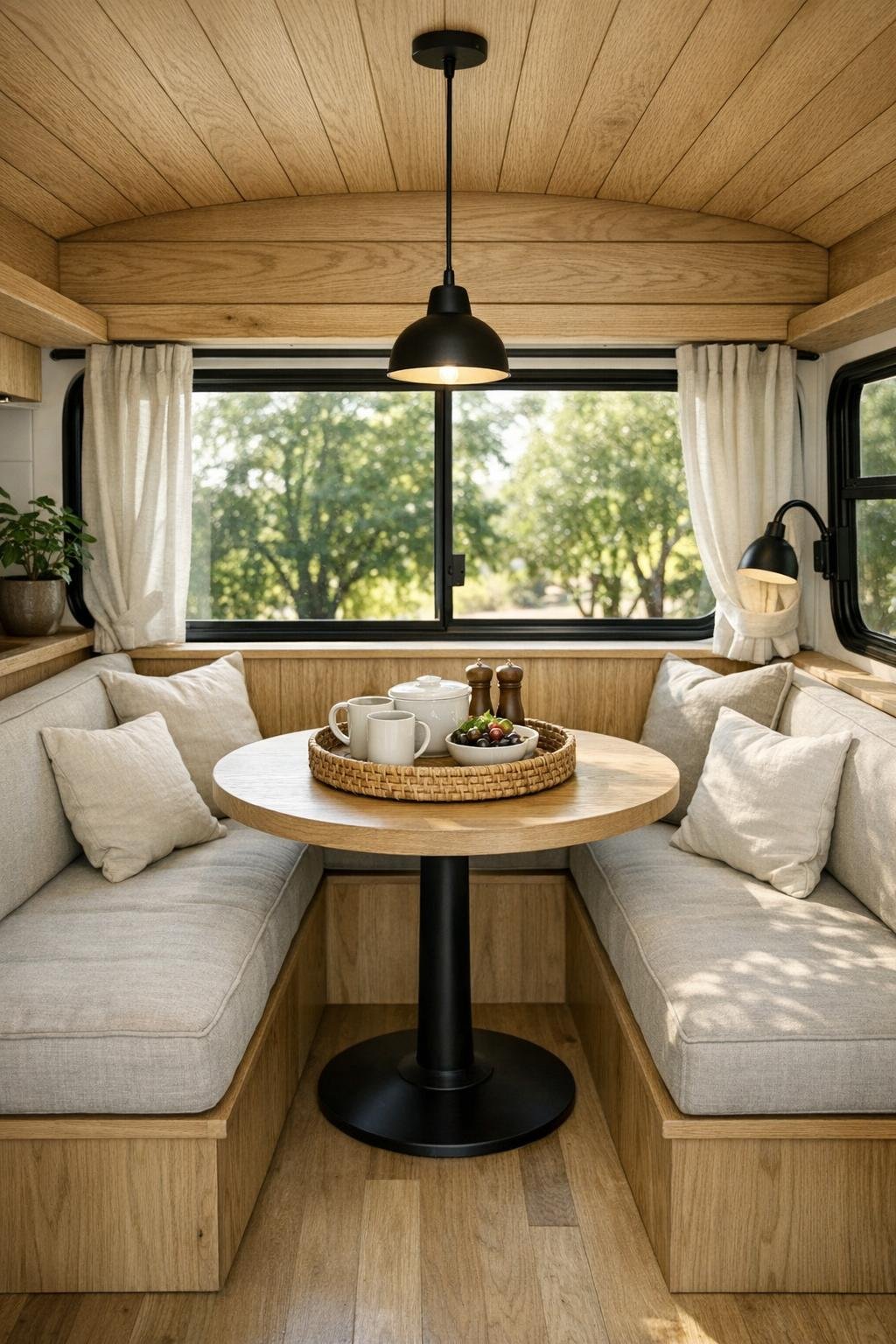 Small bus dining nook with banquette seating and pedestal table