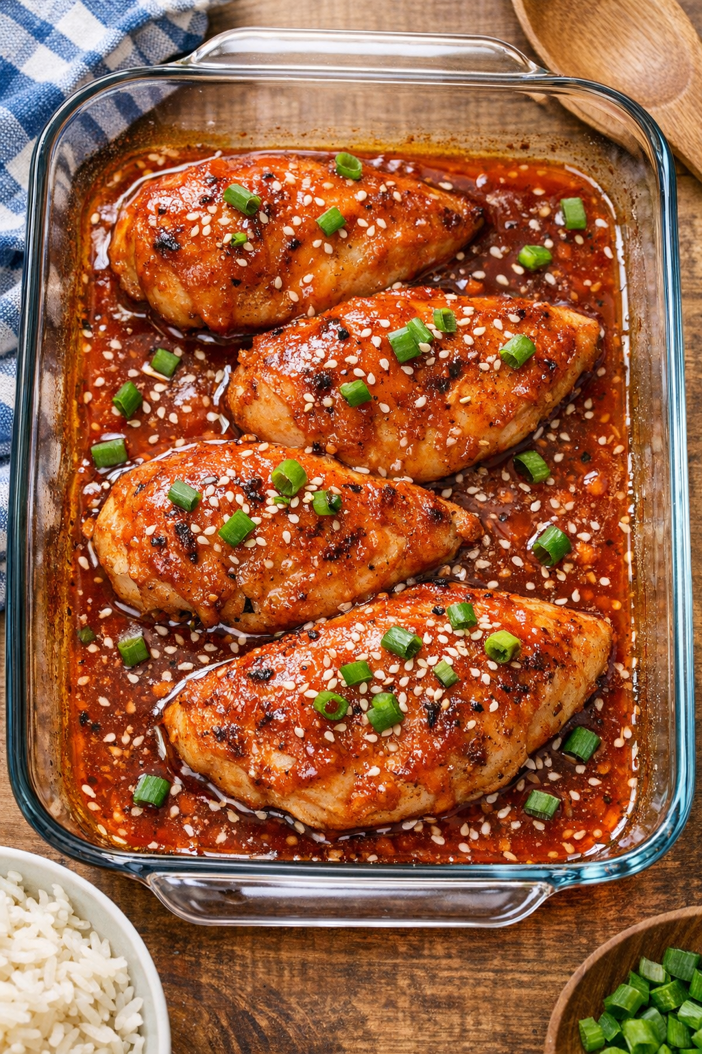 Baked chicken with glossy sauce in casserole dish