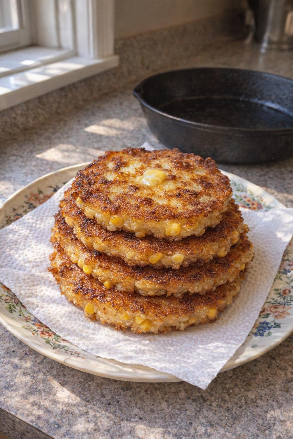 Golden brown sweet corn fritters on a vintage floral plate beside a cast iron skillet