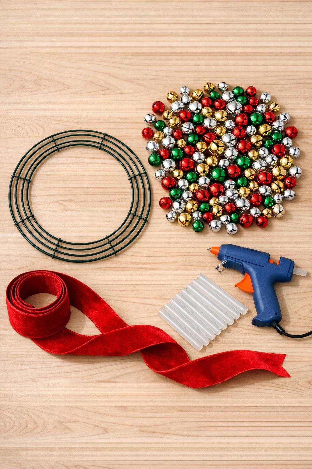 Materials for a jingle bell wreath laid out on a table