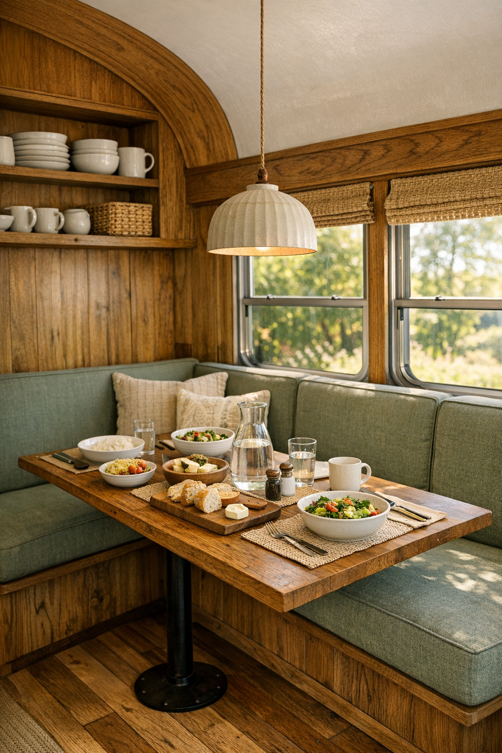 Cozy dining nook in the converted bus with banquette seating, an oak table, and soft natural light