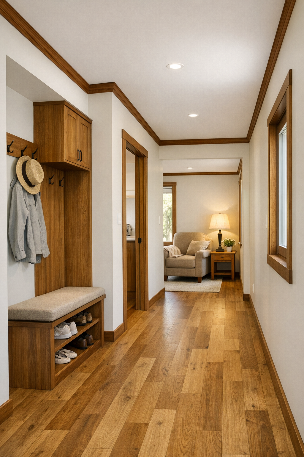 Thoughtful hallway and entry area with built-in storage and a small reading nook