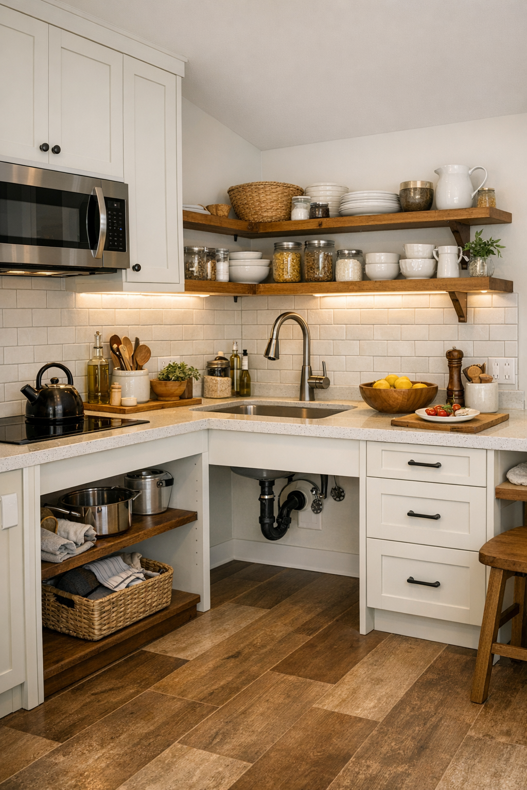 Ivory tiny home kitchen with accessible storage, light quartz counters, and warm wood shelving