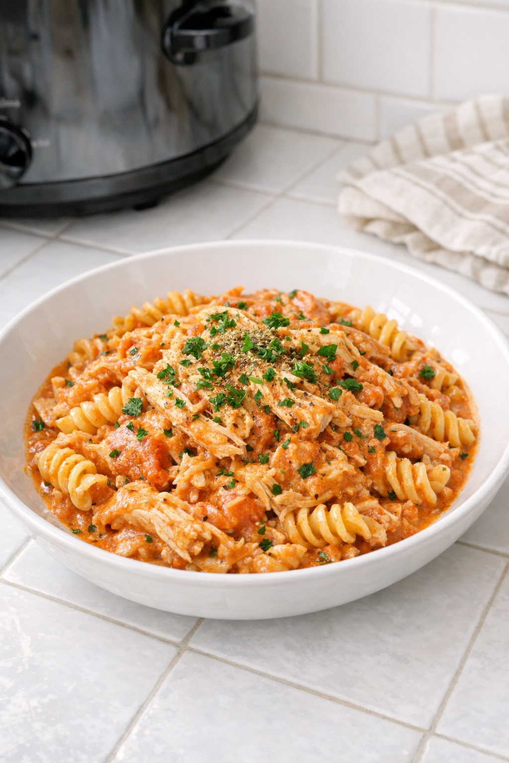 Finished Amish oregano chicken pasta plated in a bowl