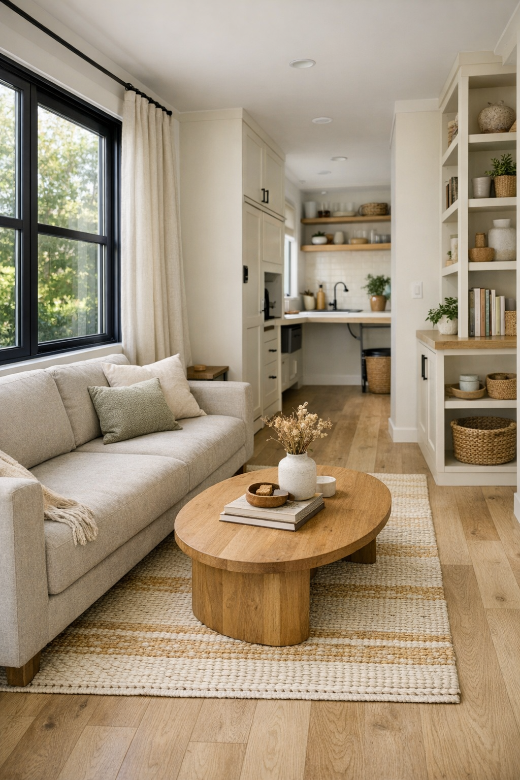 Accessible tiny home living room with oatmeal sofa, pale oak floors, and large windows