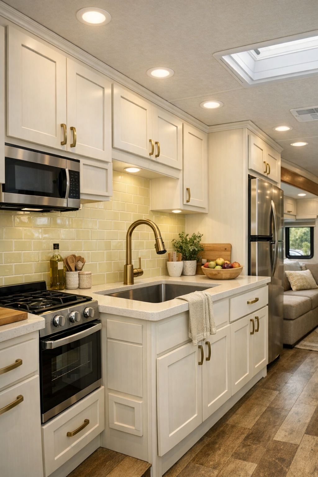 Bright accessible RV camper kitchen with warm white cabinets and pale lemon backsplash