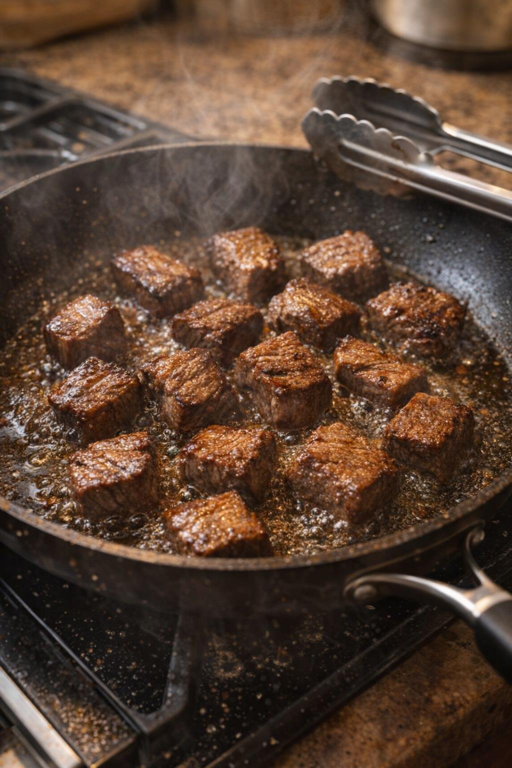 Beef chunks browning in a skillet on the stovetop