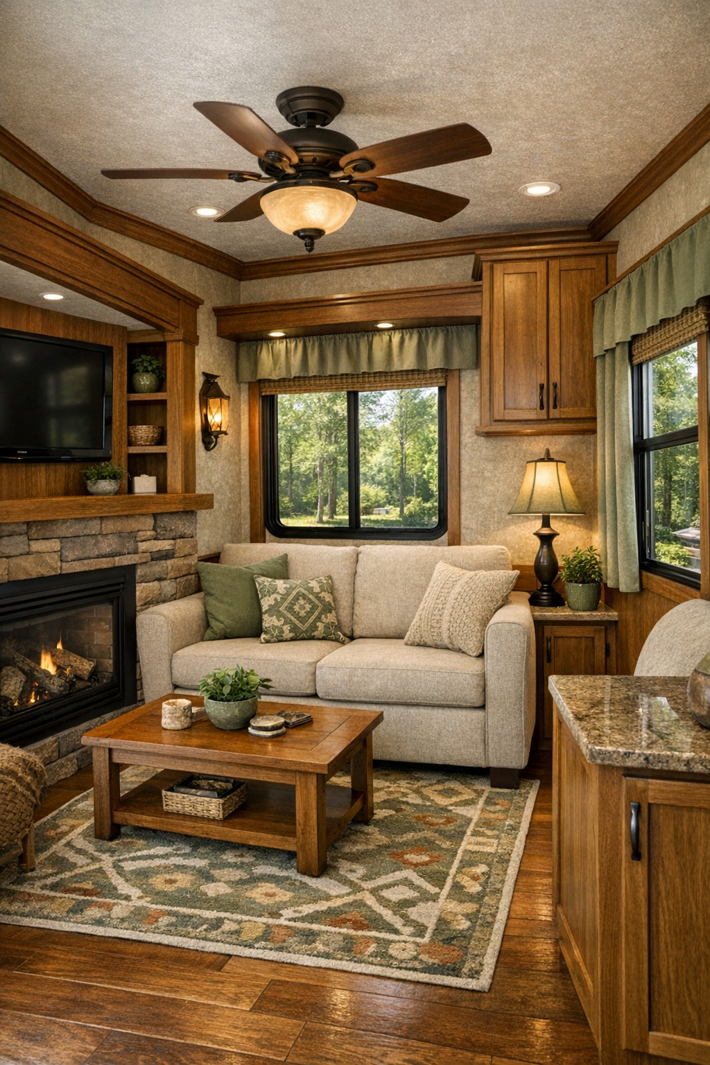 Cozy Craftsman-style living room with sage and warm wood accents