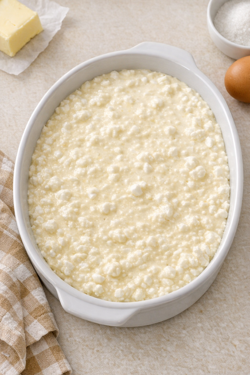 Dessert mixture poured into ceramic casserole dish