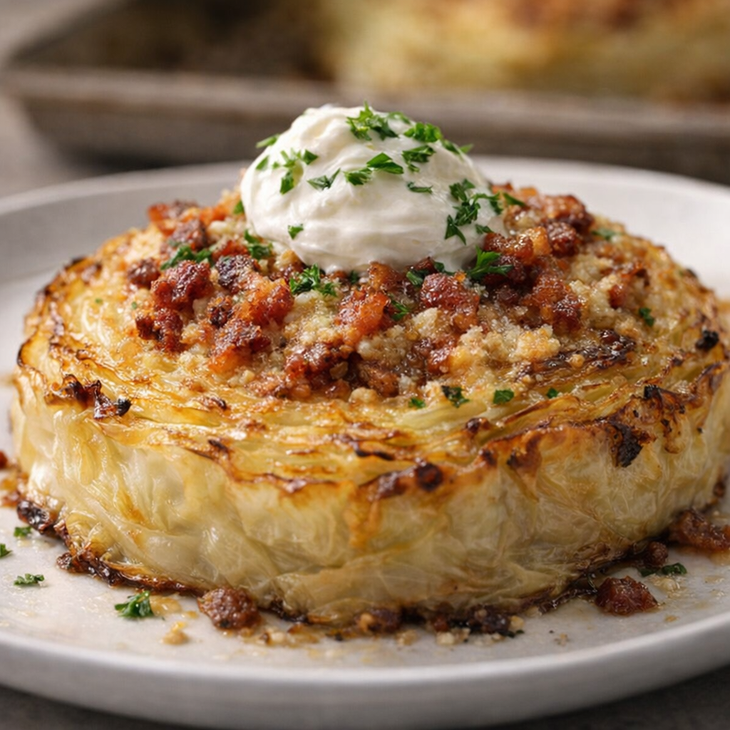 Loaded cabbage steak topped with sour cream and parsley