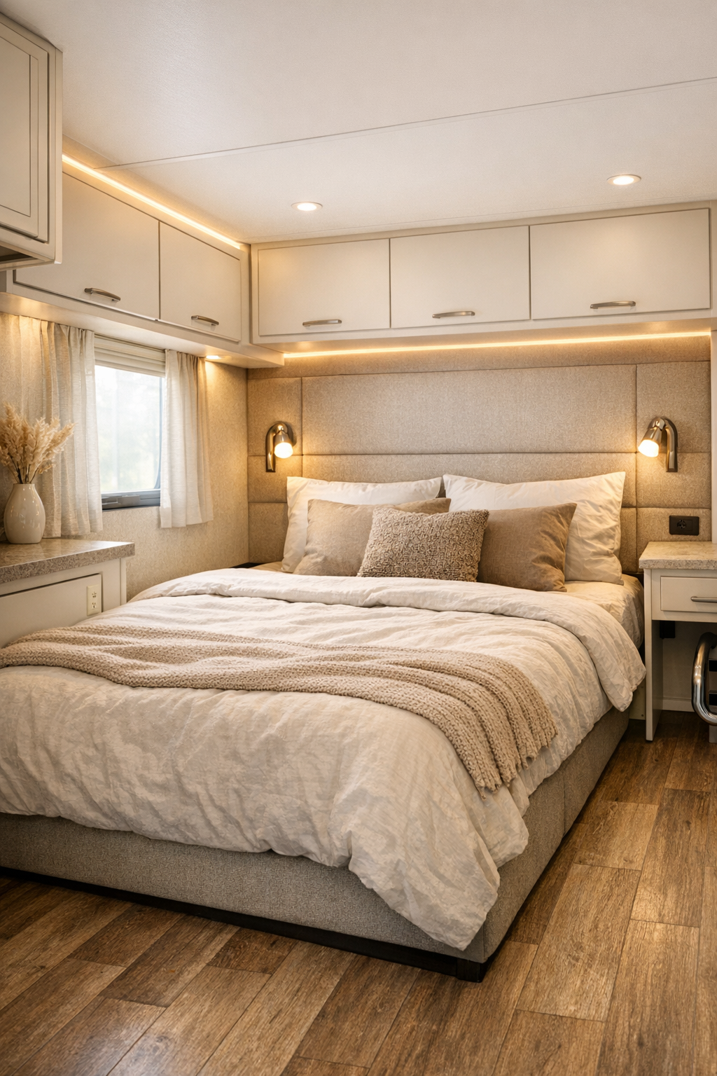 Calm accessible RV camper bedroom with low bed, creamy cabinetry, and soft neutral bedding