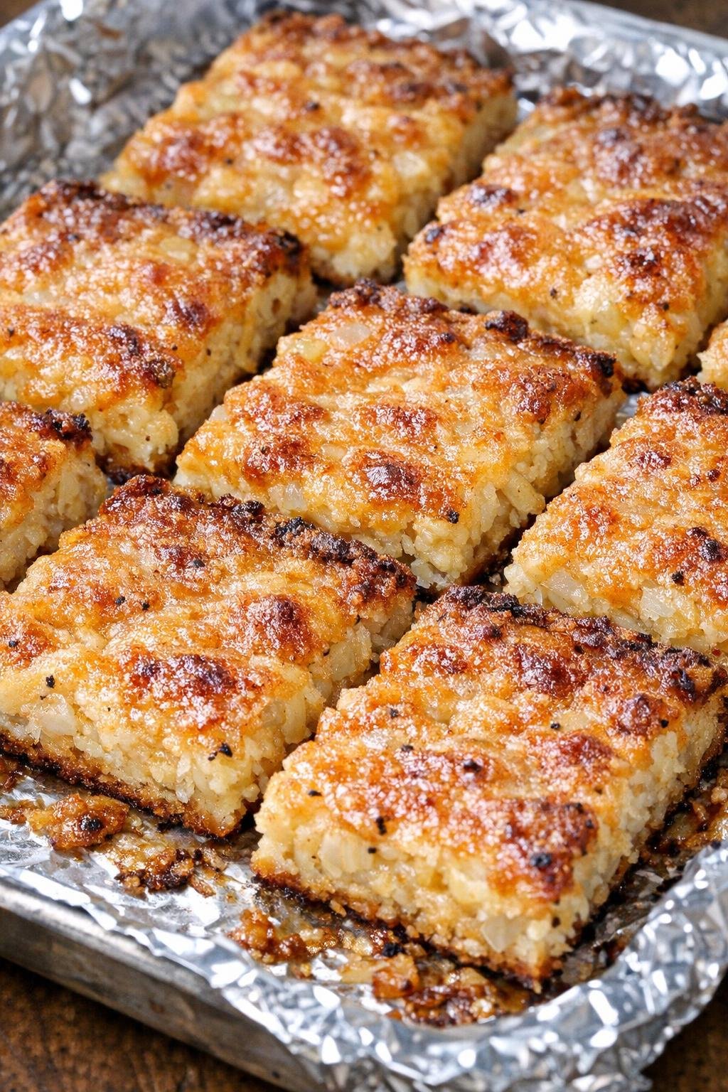 Southern 3-ingredient cheesy onion squares on a foil-lined baking tray