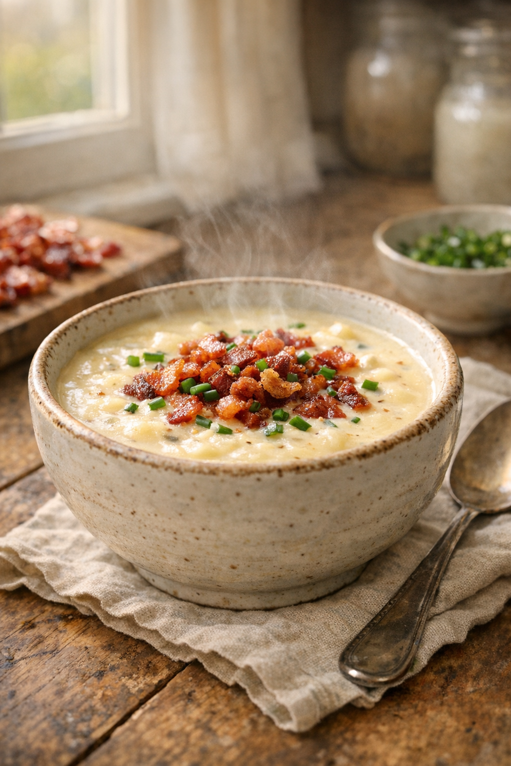 Finished creamy bacon potato soup in a rustic ceramic bowl