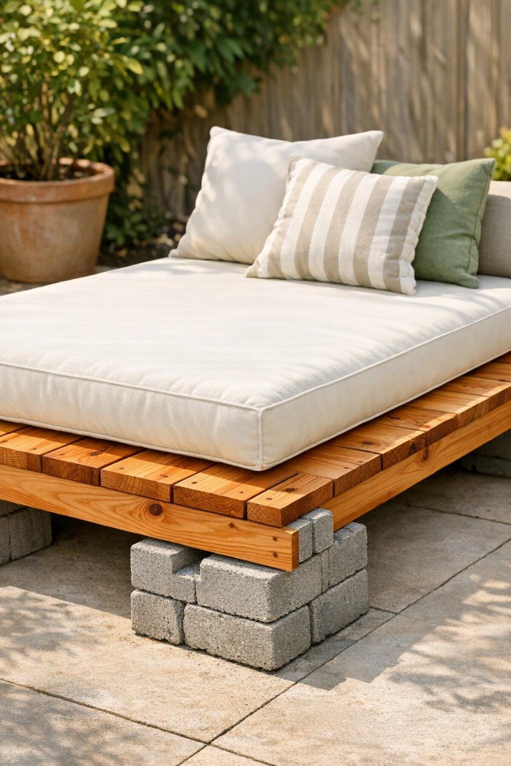 Finished outdoor cedar daybed platform with gray concrete block base and ivory cushion on a patio
