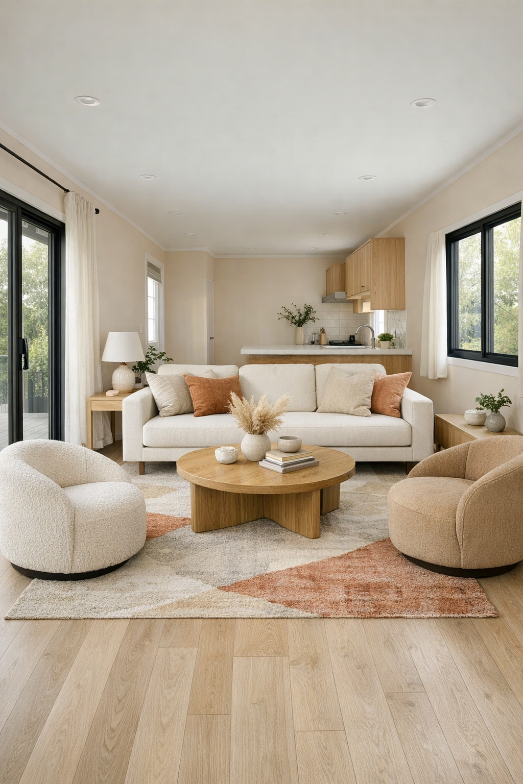 Soft peach container home living room with pale oak floors and ivory seating