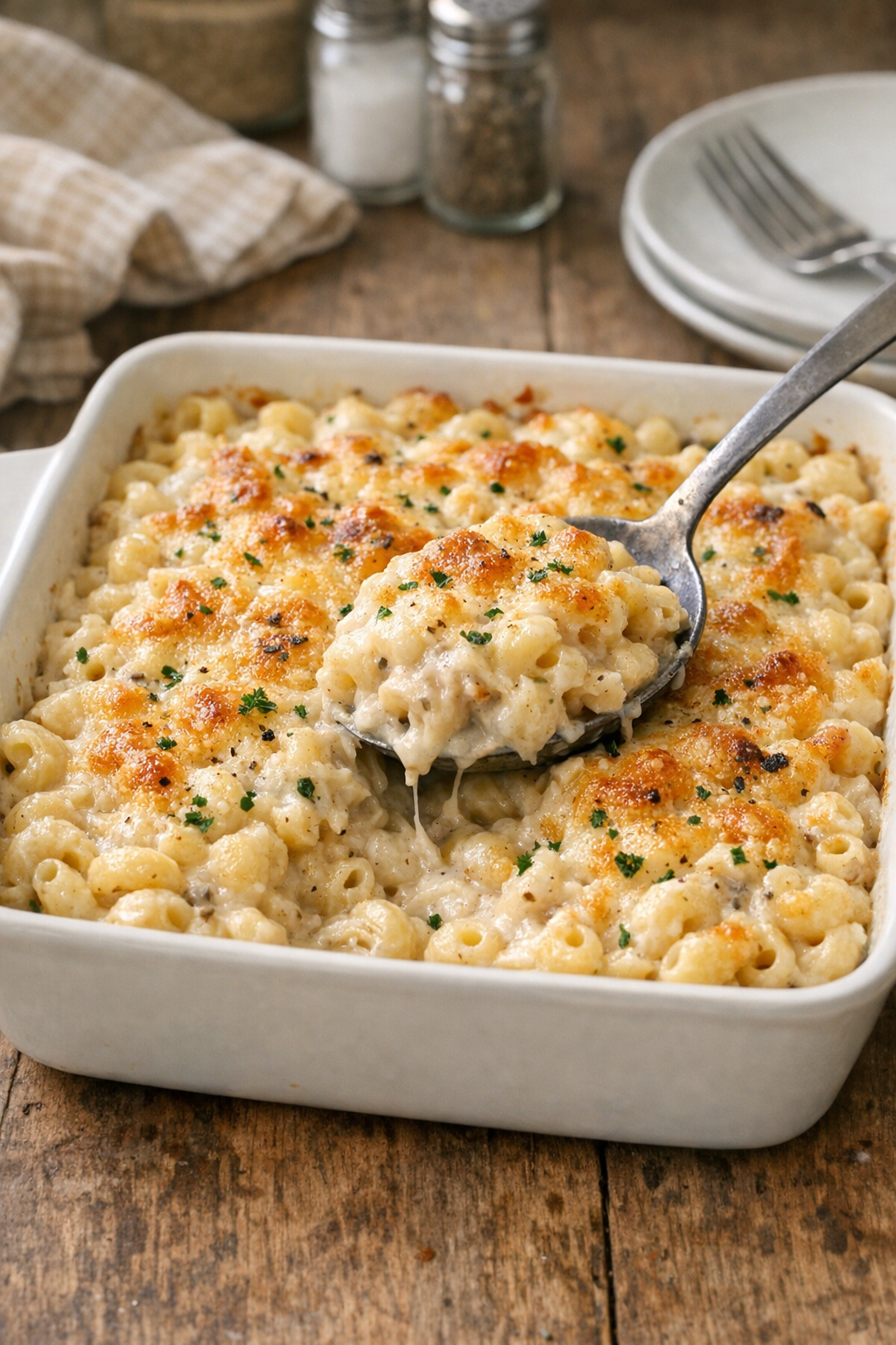Finished baked country gravy macaroni in a casserole dish