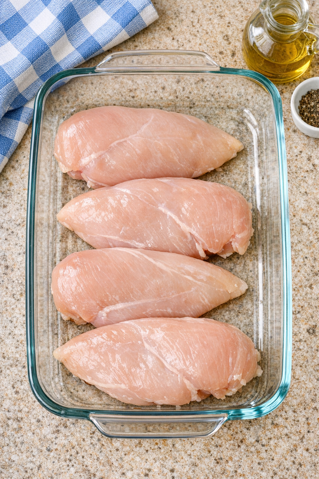 Raw chicken breasts arranged in a glass baking dish