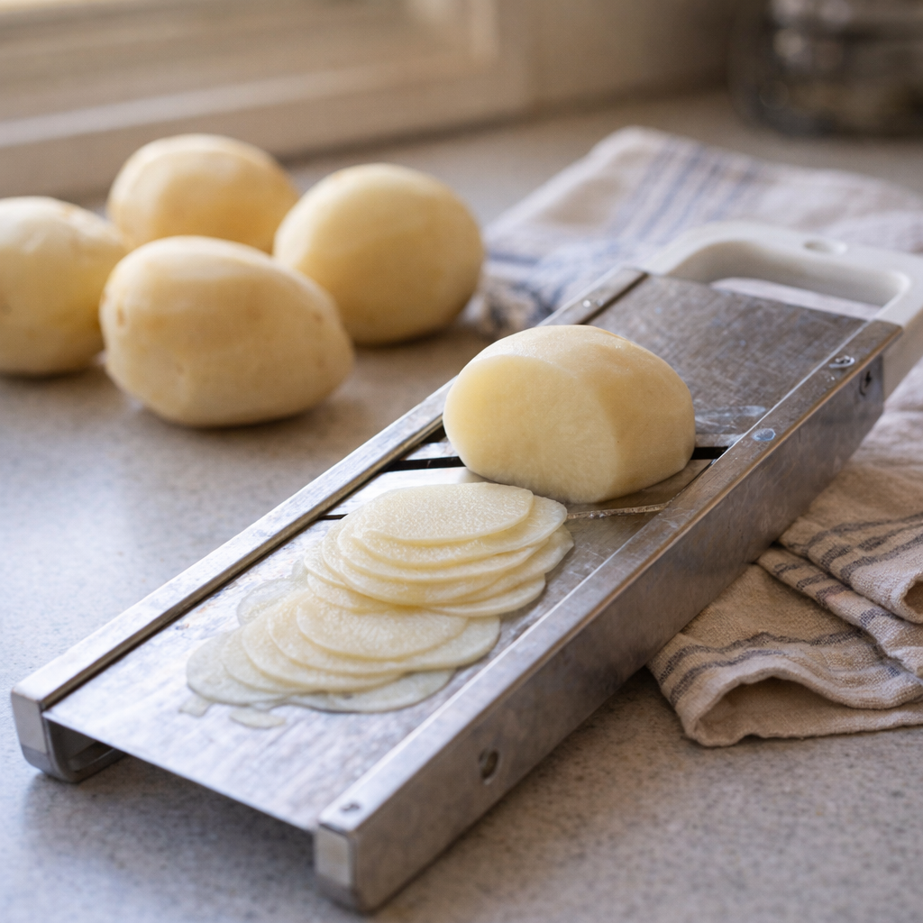 Peeled russet potatoes beside a mandoline on a kitchen counter