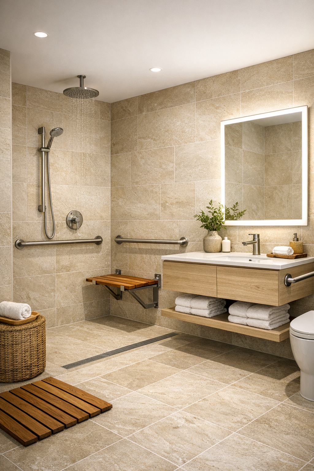 Spa-like accessible bathroom with curbless shower and warm stone-look tile