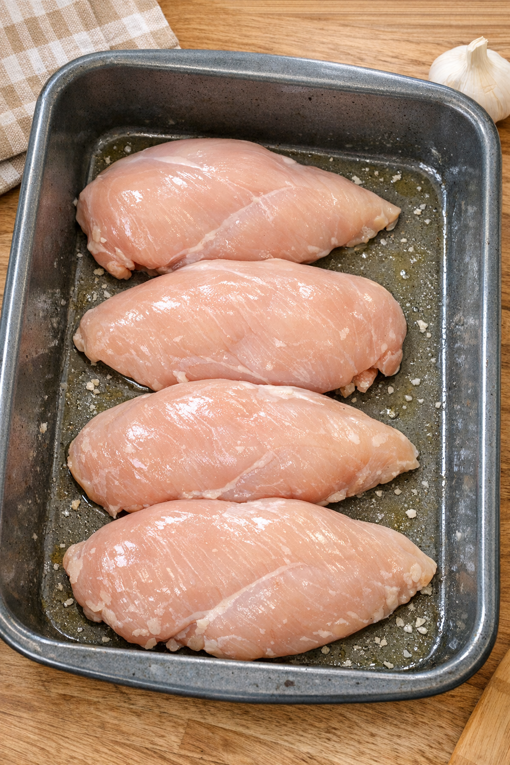Chicken breasts arranged in a deep roasting pan
