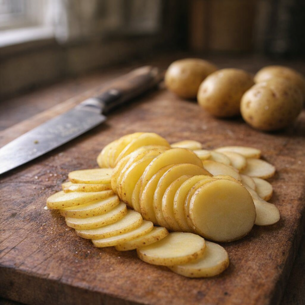 Thinly sliced gold potatoes on a cutting board