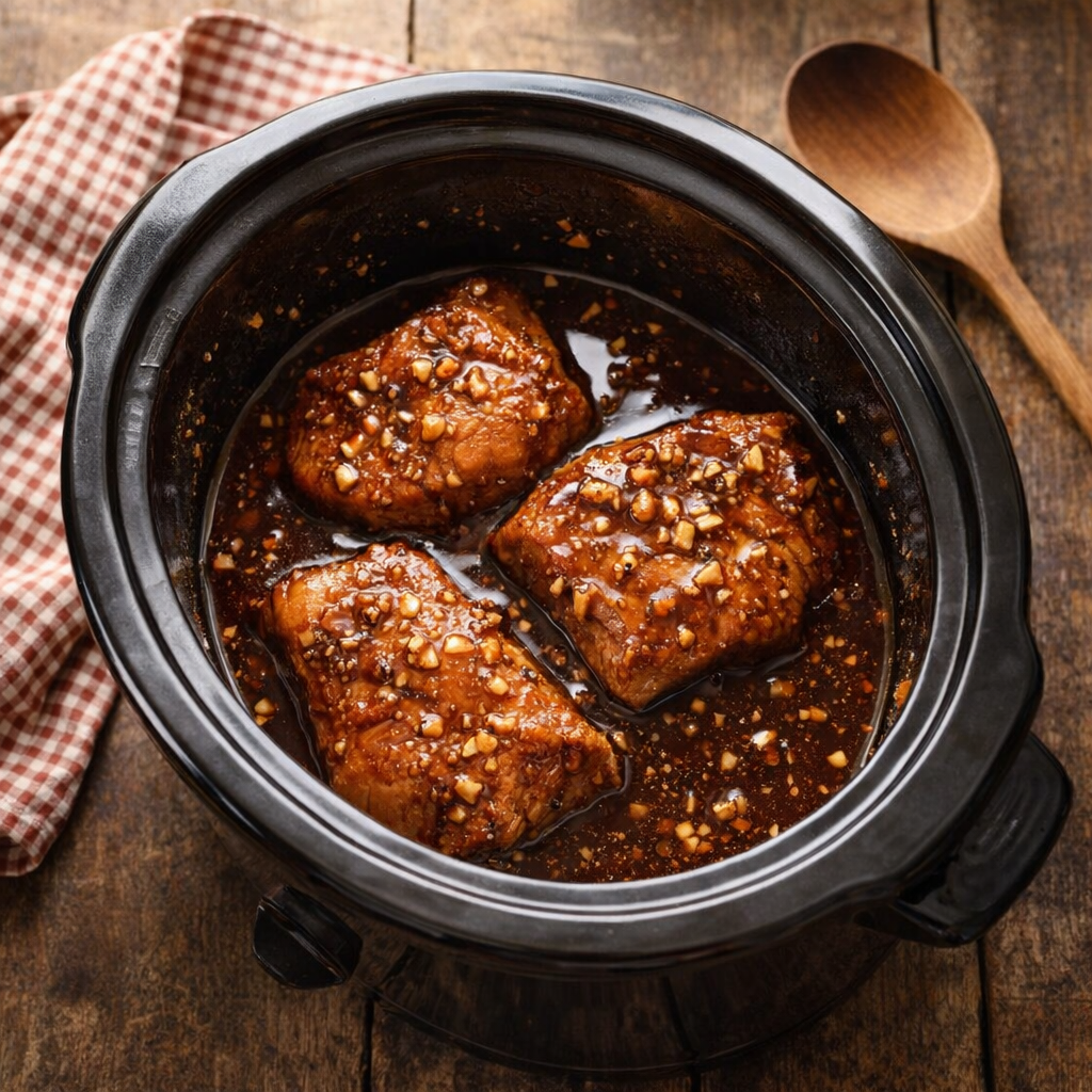 Slow cooker honey garlic pork chops on a farmhouse table