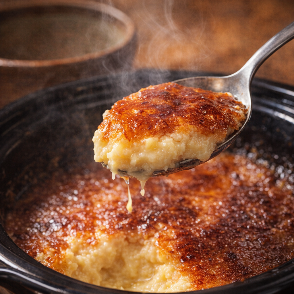 A spoonful of warm pudding cake being served from the slow cooker