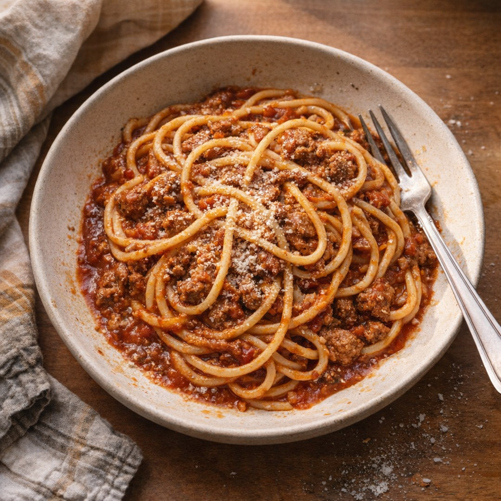 Slow cooker spaghetti served in a casual weeknight setting