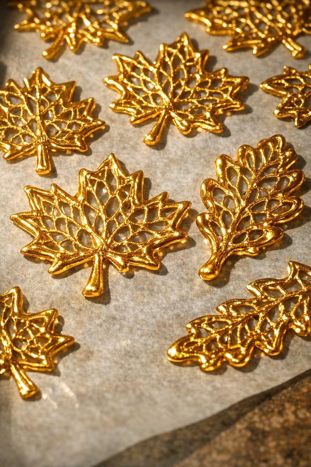 Hot glue leaf shapes painted metallic gold and drying