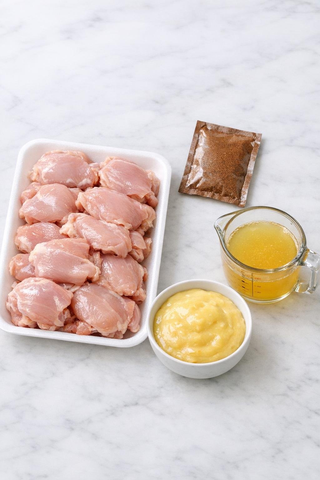 Main ingredients for slow cooker chicken arranged on a counter