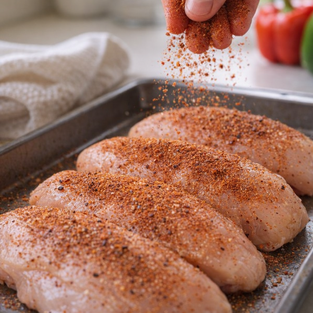Chicken breasts being seasoned with fajita spices